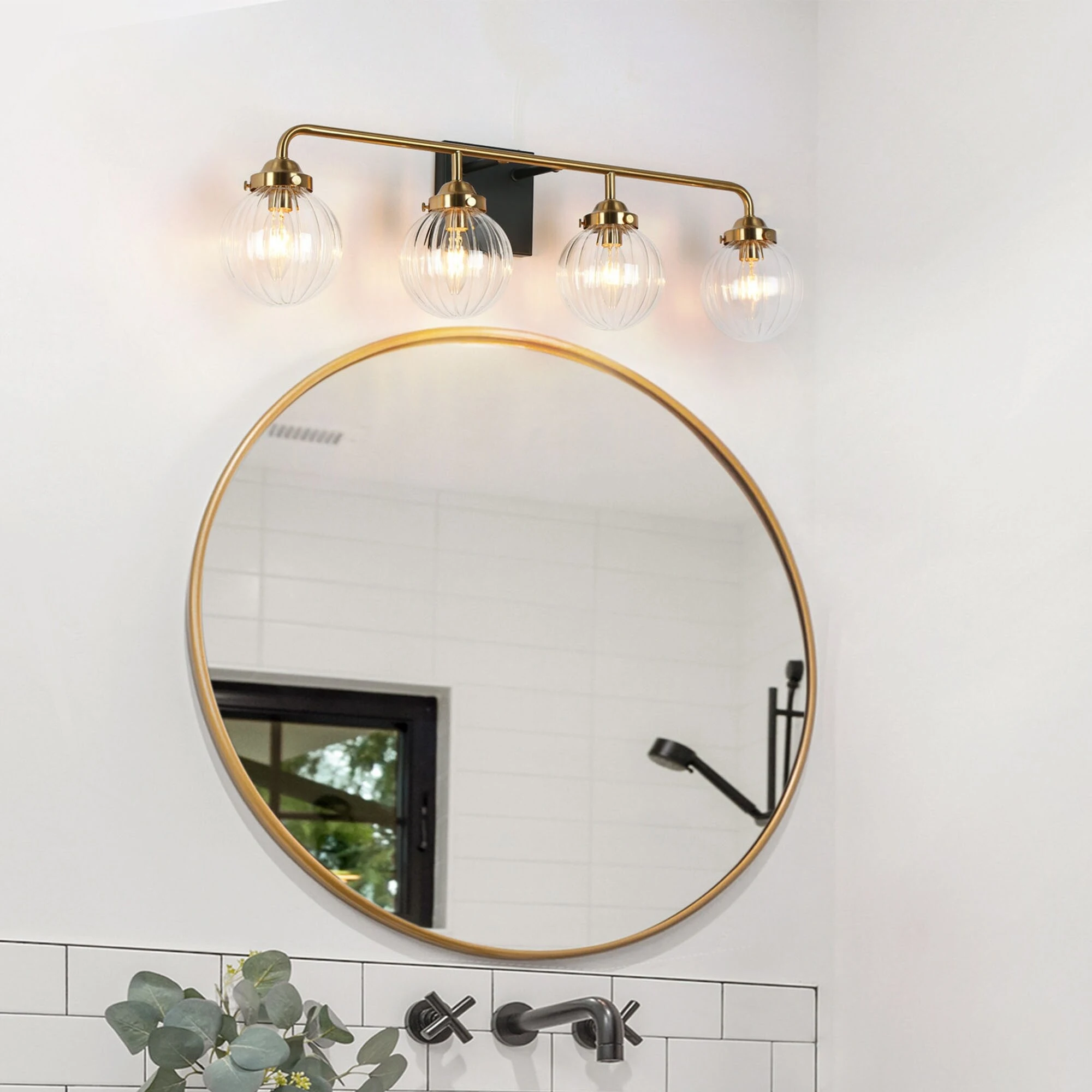 Modern 4-Light Black Gold Bathroom Linear Vanity Lights Globe Glass Wall Sconces - 28.5