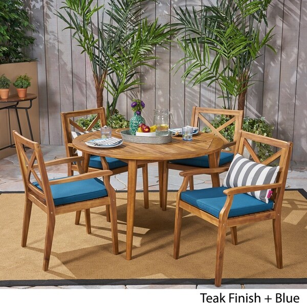 Pines Outdoor 5 Piece Acacia Wood Dining Set with Cushions by Christopher Knight Home