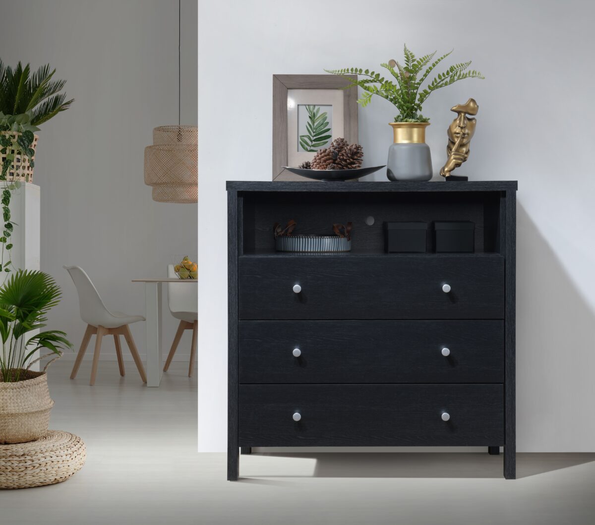 Hodedah 3-Drawer Dresser with 1-Open Shelf in Black