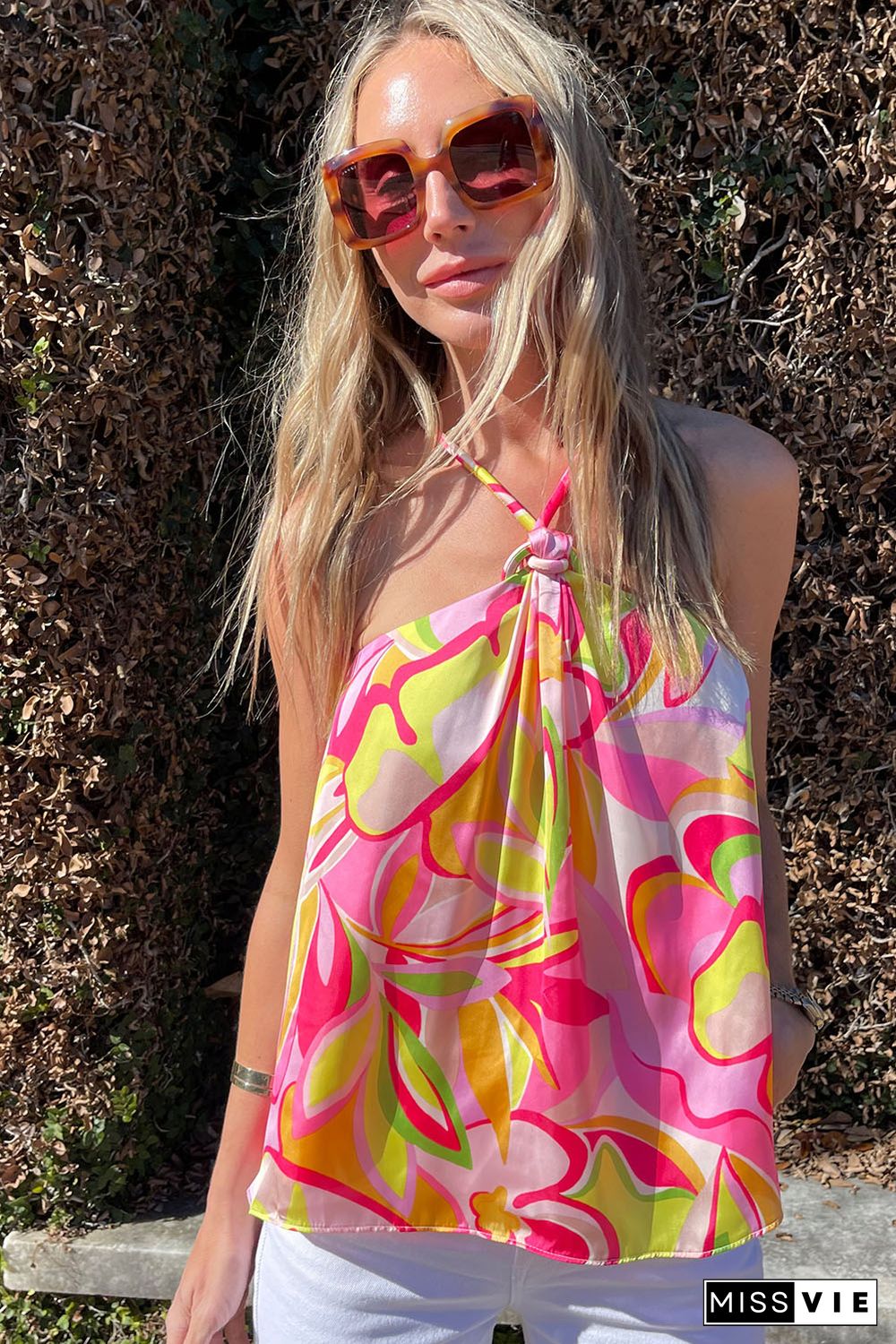 Pink Abstract Floral Print Knotted Halter Tank Top