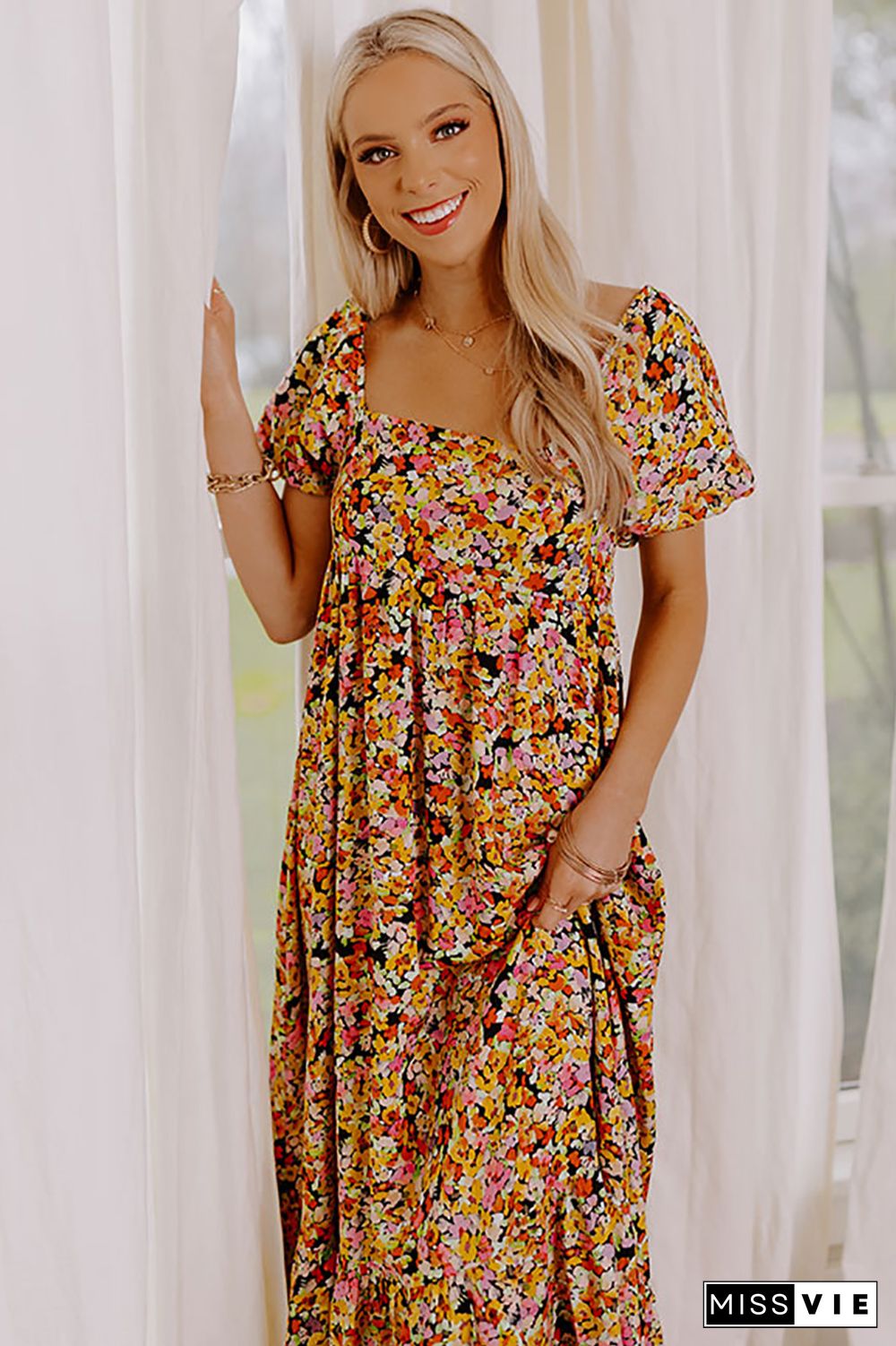 Yellow Puff Sleeve Square Neck Open Back Floral Midi Dress