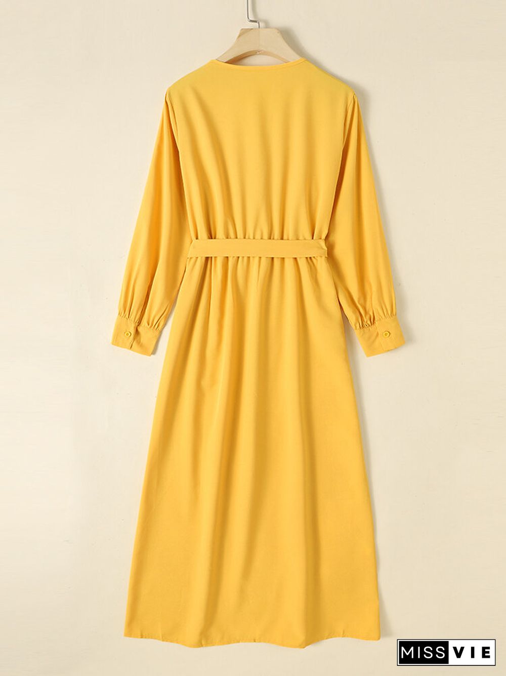 Solid Wrap V-neck Long Sleeve Maxi Dress With Belt