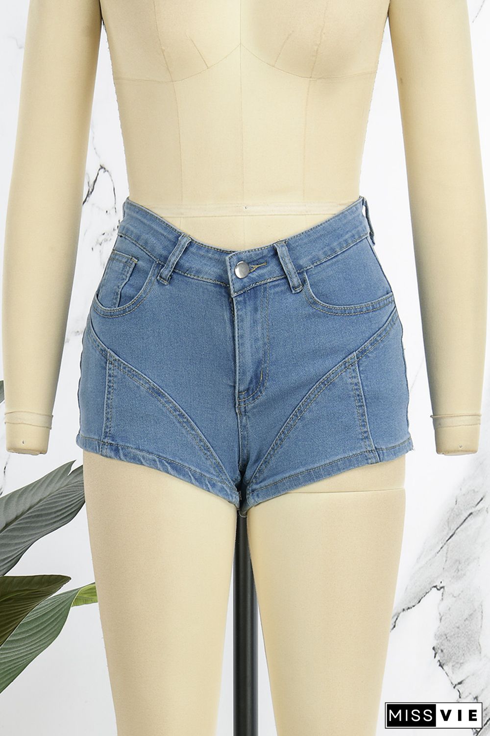 Sky Blue Street Solid Patchwork High Waist Denim Shorts