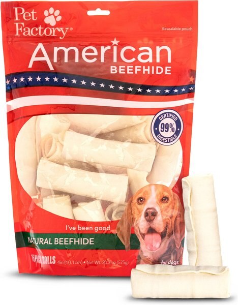 Pet Factory American Beefhide 4-inch Rolls Natural Flavored Chewy Dog Treats， 16 count