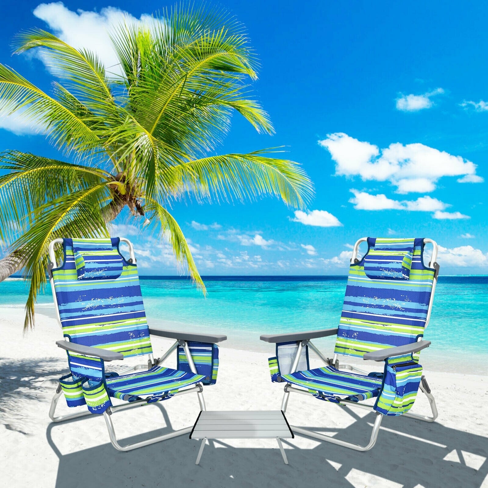 2PCS 5-Position Outdoor Folding Backpack Beach Table Chair