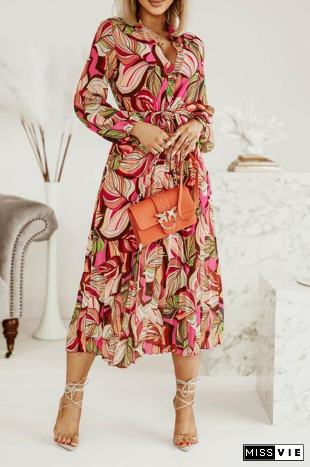 Casual Print Split Joint Turndown Collar Waist Skirt Dresses(3 Colors)