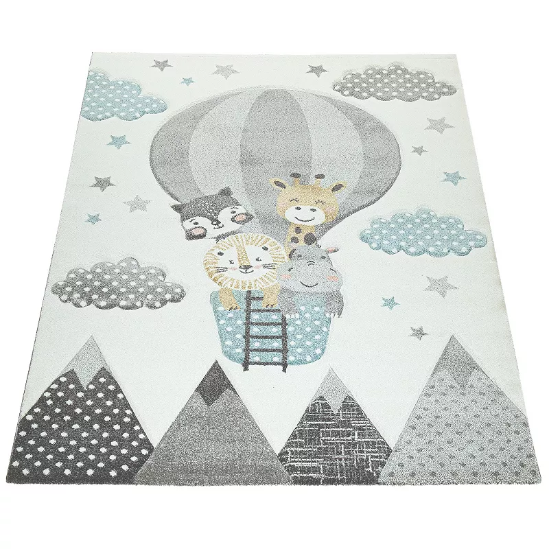 Nursery Rug for Kids Cute Animals on a Hot Air Balloon in Cream Blue