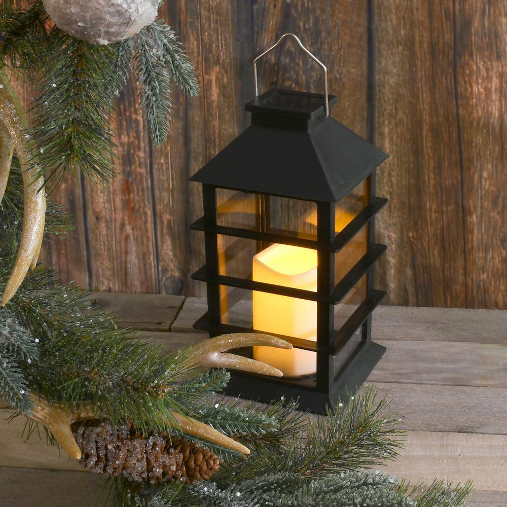 LUMABASE Horizontal Black Solar Powered Lantern with LED Candle 62301