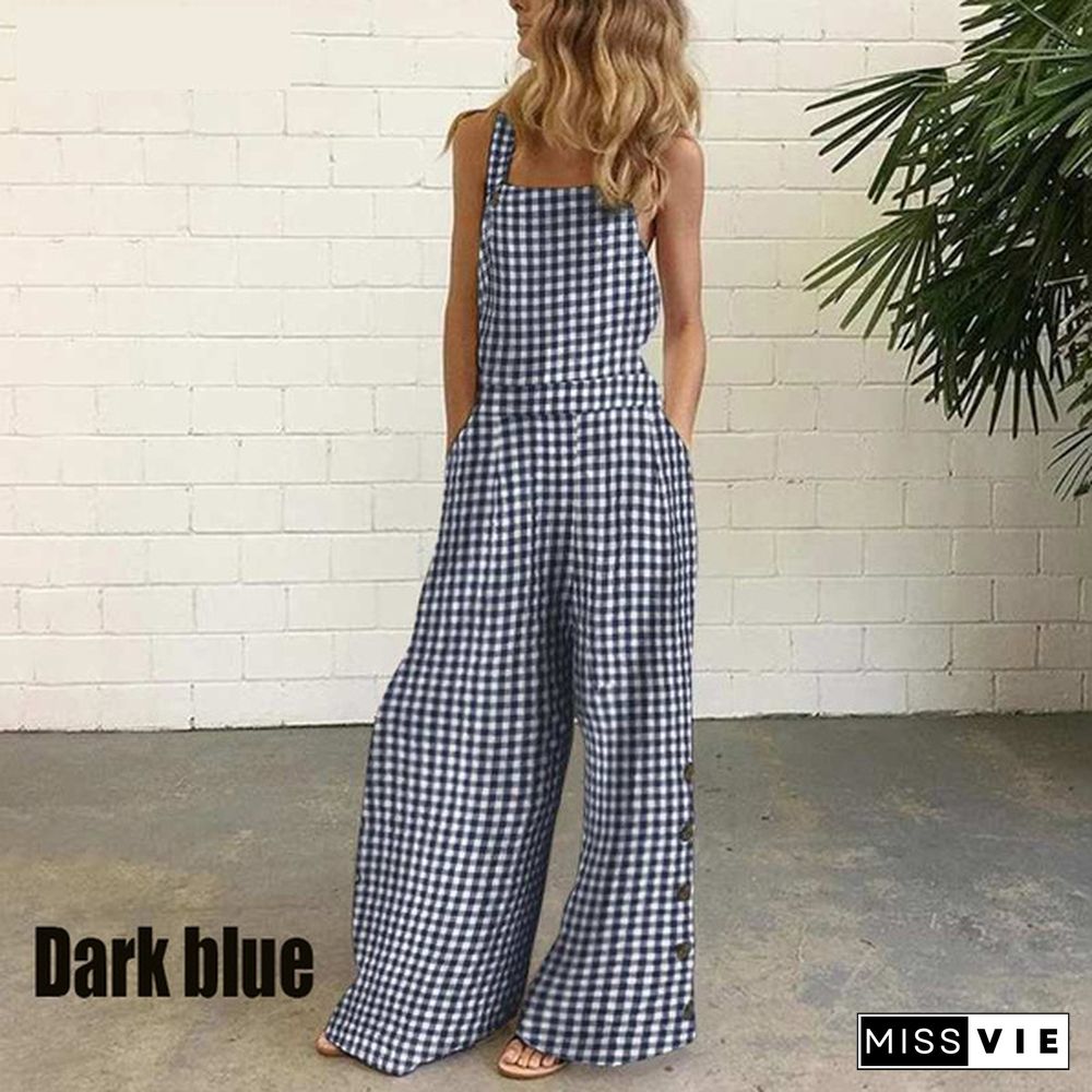 New Fashion Women's Summer Sleeveless Wide Leg Jumpsuit Rompers Plaid Pants with Pockets Long Trousers Suspenders Overalls Pantalon Femme