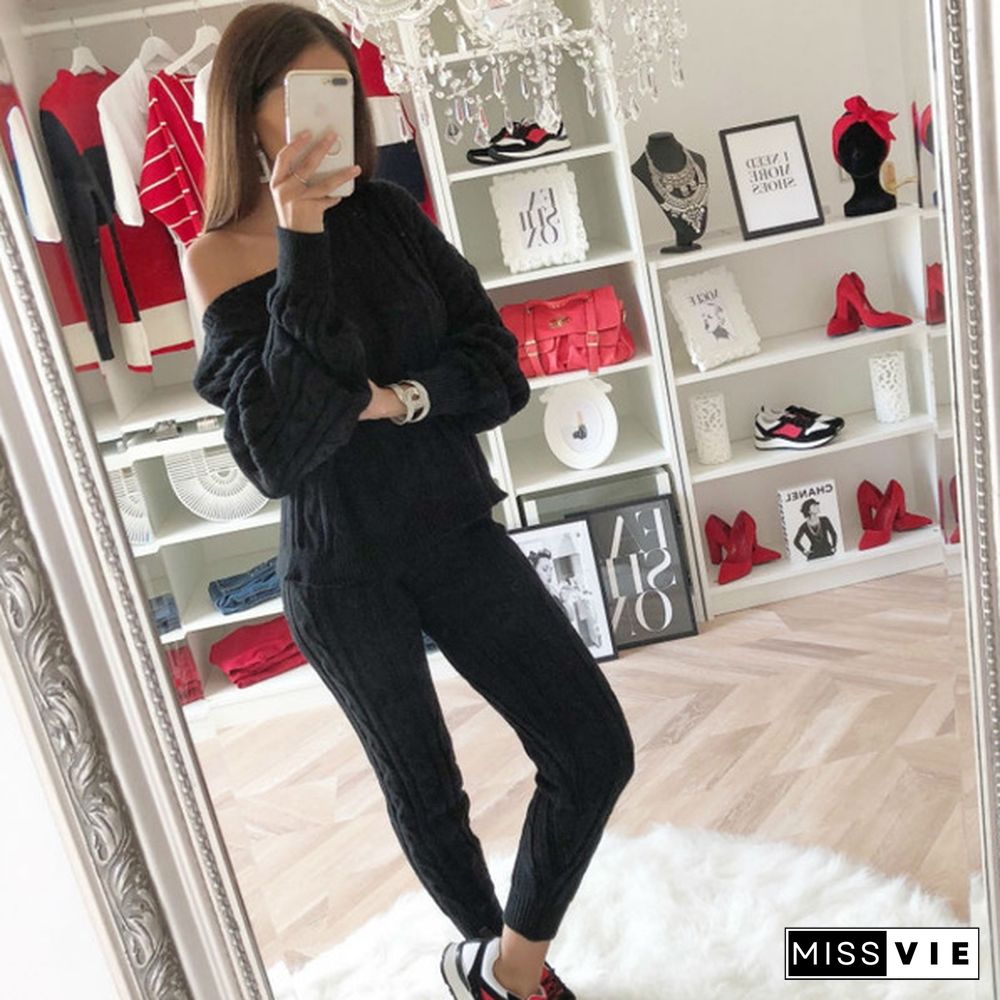 5 Colors 2Pcs Women Solid Sweater Suit And Sets Casual Knitted Sweaters Pants Woman Casual Knitted Trousers+Jumper Tops Clothing Set