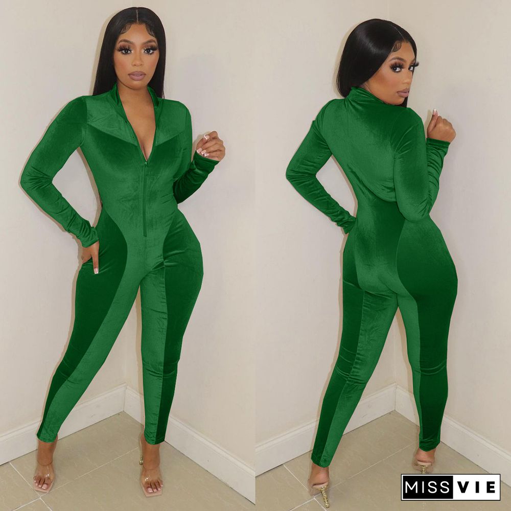 Velvet Patchwork Front Zipper Bodycon Jumpsuit