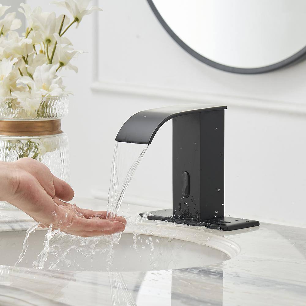 BWE Waterfall Automatic Sensor Touchless Bathroom Sink Faucet With Pop Up Drain With Overflow  Deck Plate In Matte Black A-918139-B