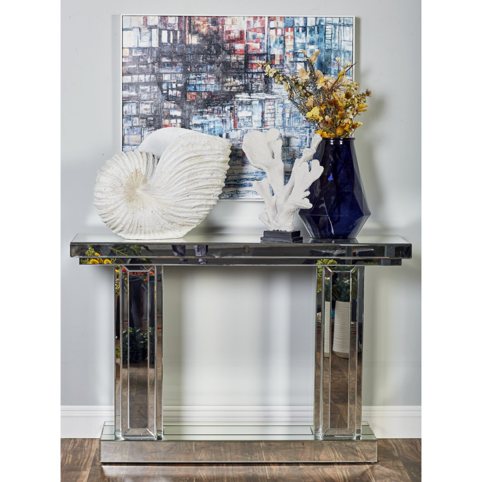 Contemporary Console Table  Mirrored Design With Accent Column Support  Silver   Contemporary   Console Tables   by Decor Love  Houzz