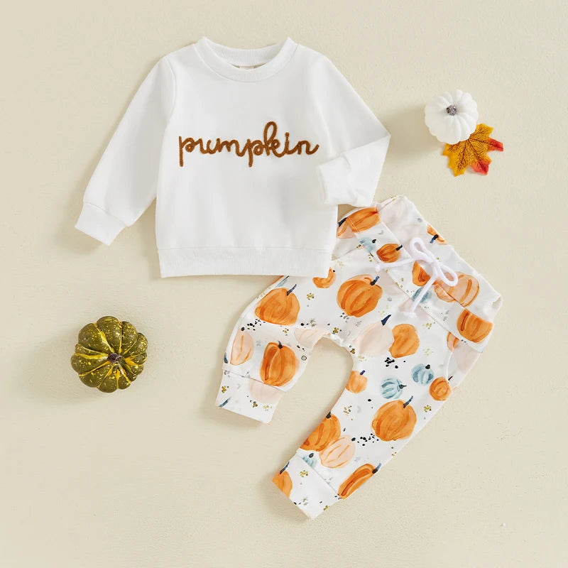 2024-05-17 Lioraitiin Toddler Boys Halloween Outfits Embroidered Letter Long Sleeve Sweatshirt Pumpkin Print Long Pants Fall Set