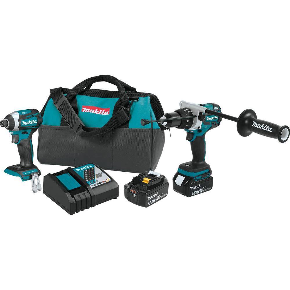 Makita 18V LXT 5.0Ah Lithium-ion Brushless Cordless Combo Kit 2-Piece (Hammer DrillImpact Driver) XT268T