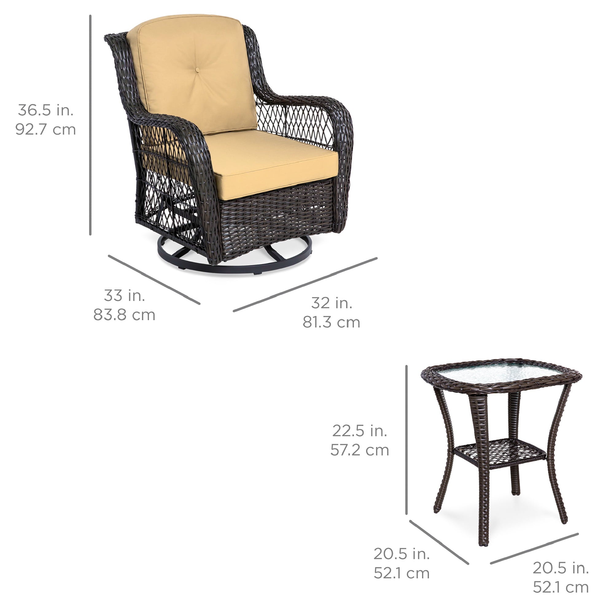 Best Choice Products 3-Piece Patio Wicker Bistro Furniture Set w/ 2 Cushioned Swivel Rocking Chairs, Side Table - Beige