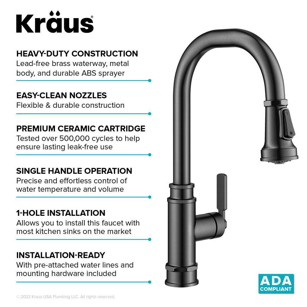 KRAUS Allyn Transitional Industrial Pull-Down Single Handle Kitchen Faucet in Spot-Free Black Stainless Steel KPF-4101SFSB