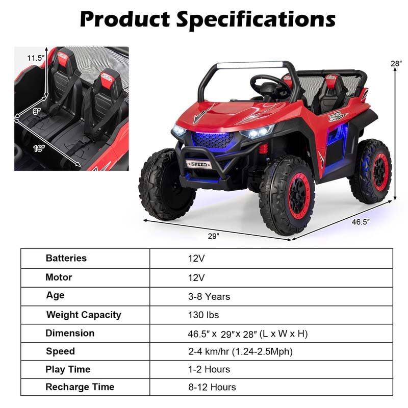 12V 2-Seater Kids Ride On UTV Car, Battery Powered RC Electric Vehicle with Lights & Music