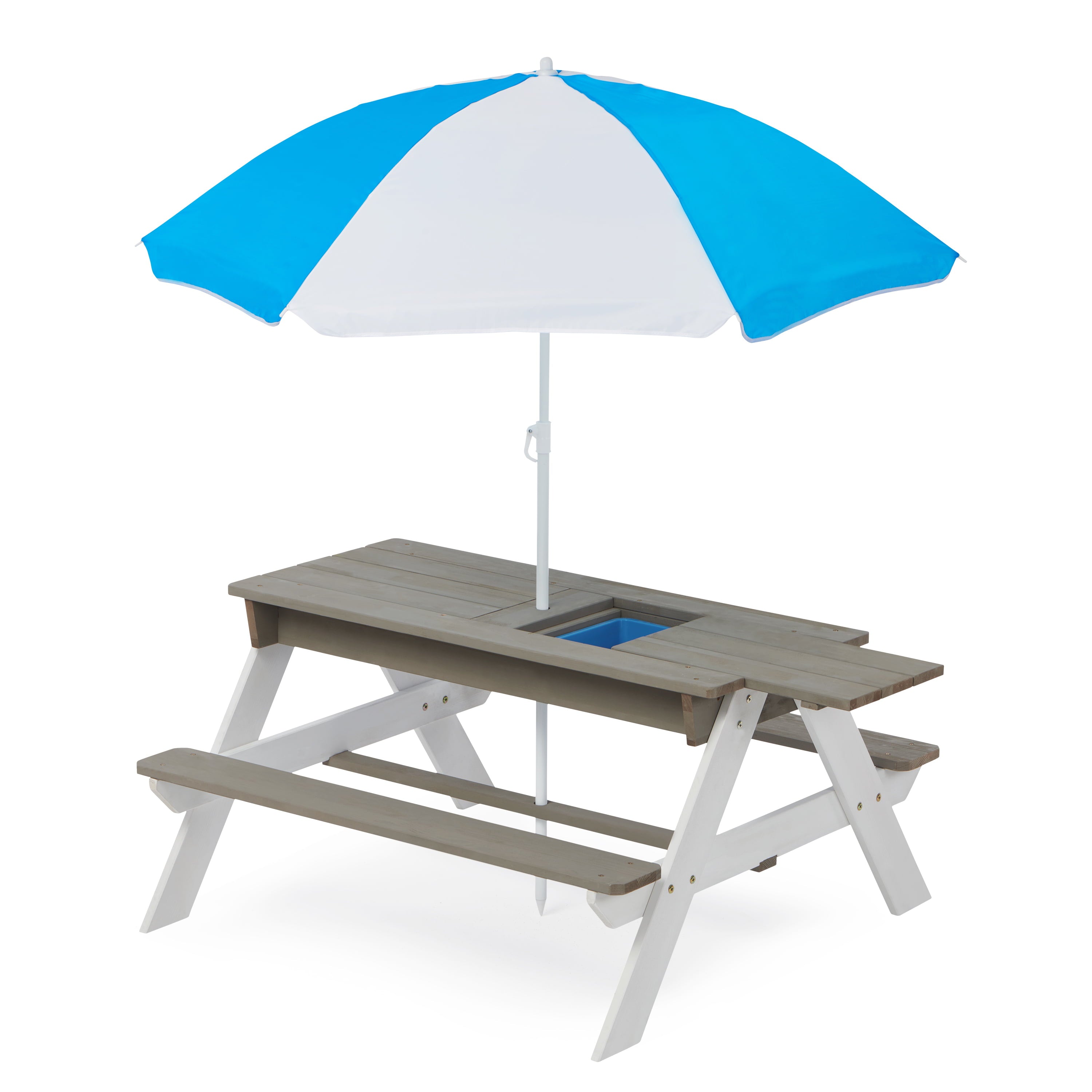 D-road 3-in-1 Kids Outdoor Wooden Picnic Table W/ Umbrella, Convertible Sand & Wate W/ Toys, Gray