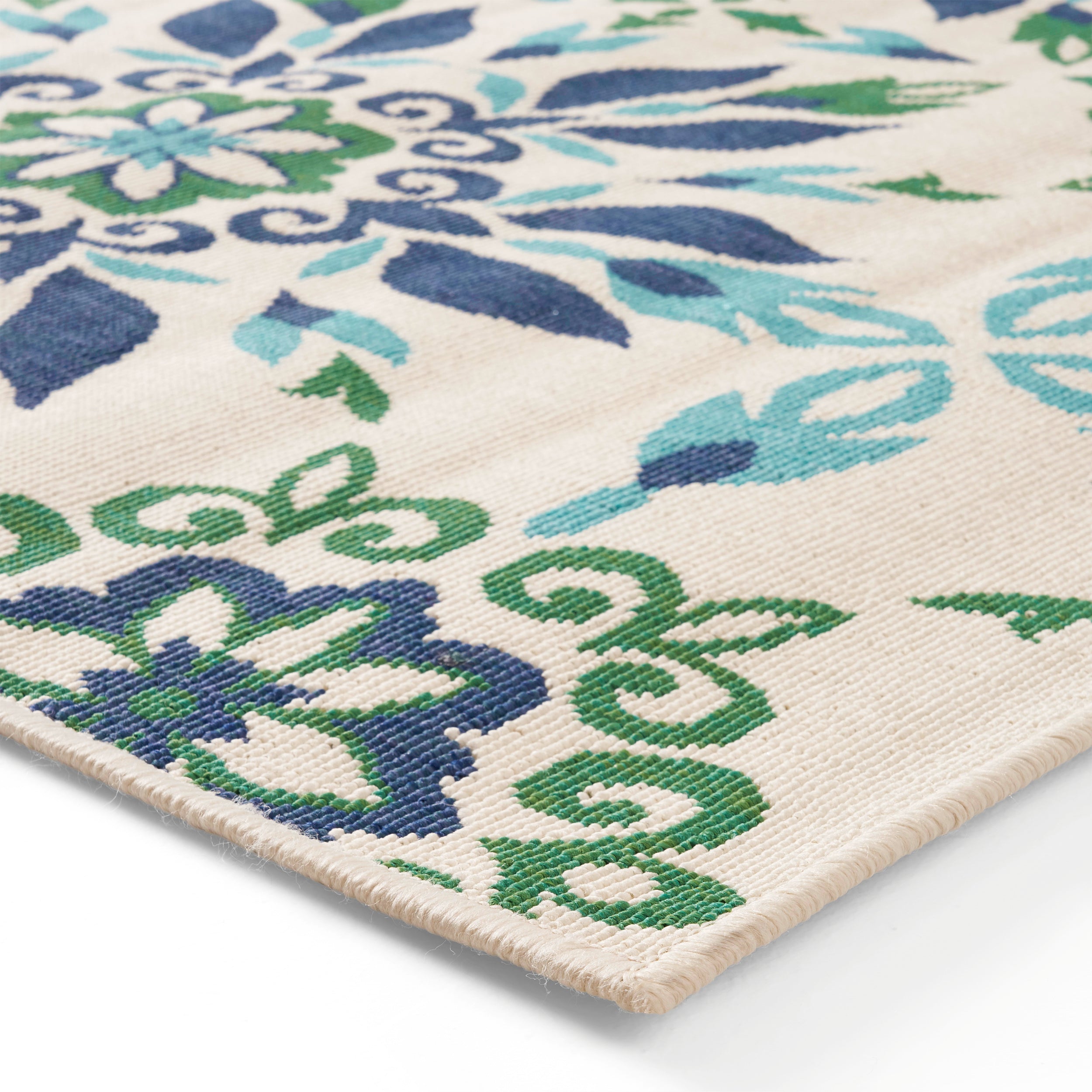 Phoebe Outdoor Medallion Area Rug, Ivory and Blue