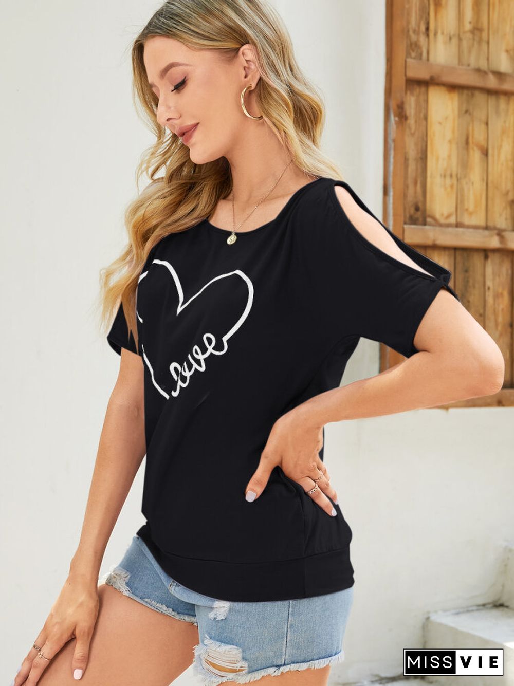 Letters Heart Printed O-neck Off Shoulder Blouse