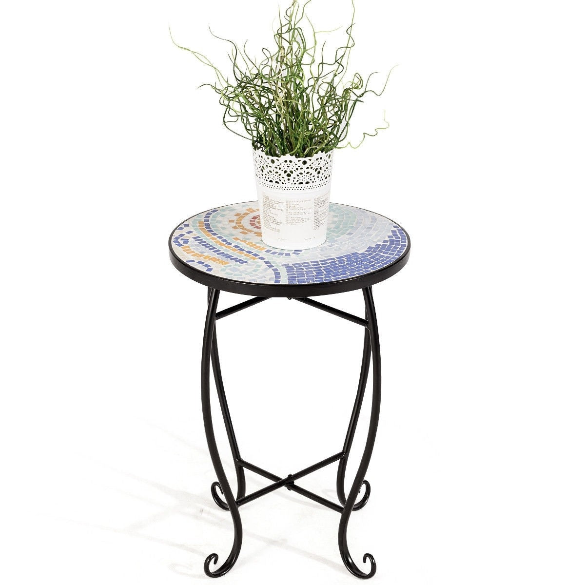 Outdoor Indoor Steel Round Accent Table Mosaic Plant Stand Cobalt Table