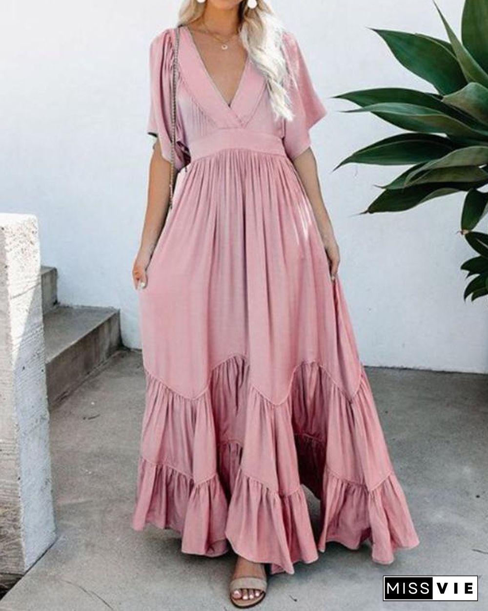 Women Vacation Casual Short Sleeve Maxi Dress