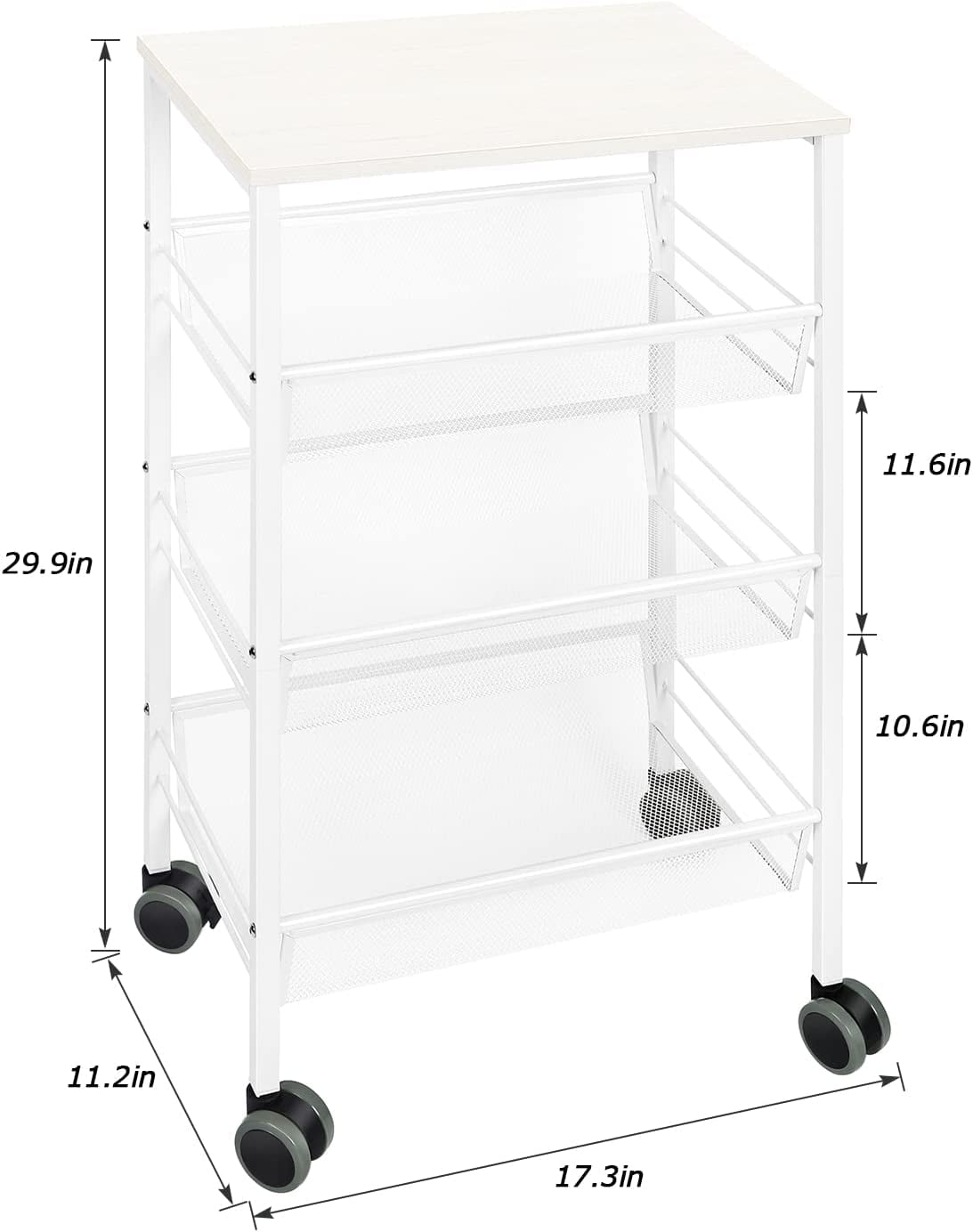 3 Tier Kitchen Storage Rolling Utility Cart with Wood Top， White