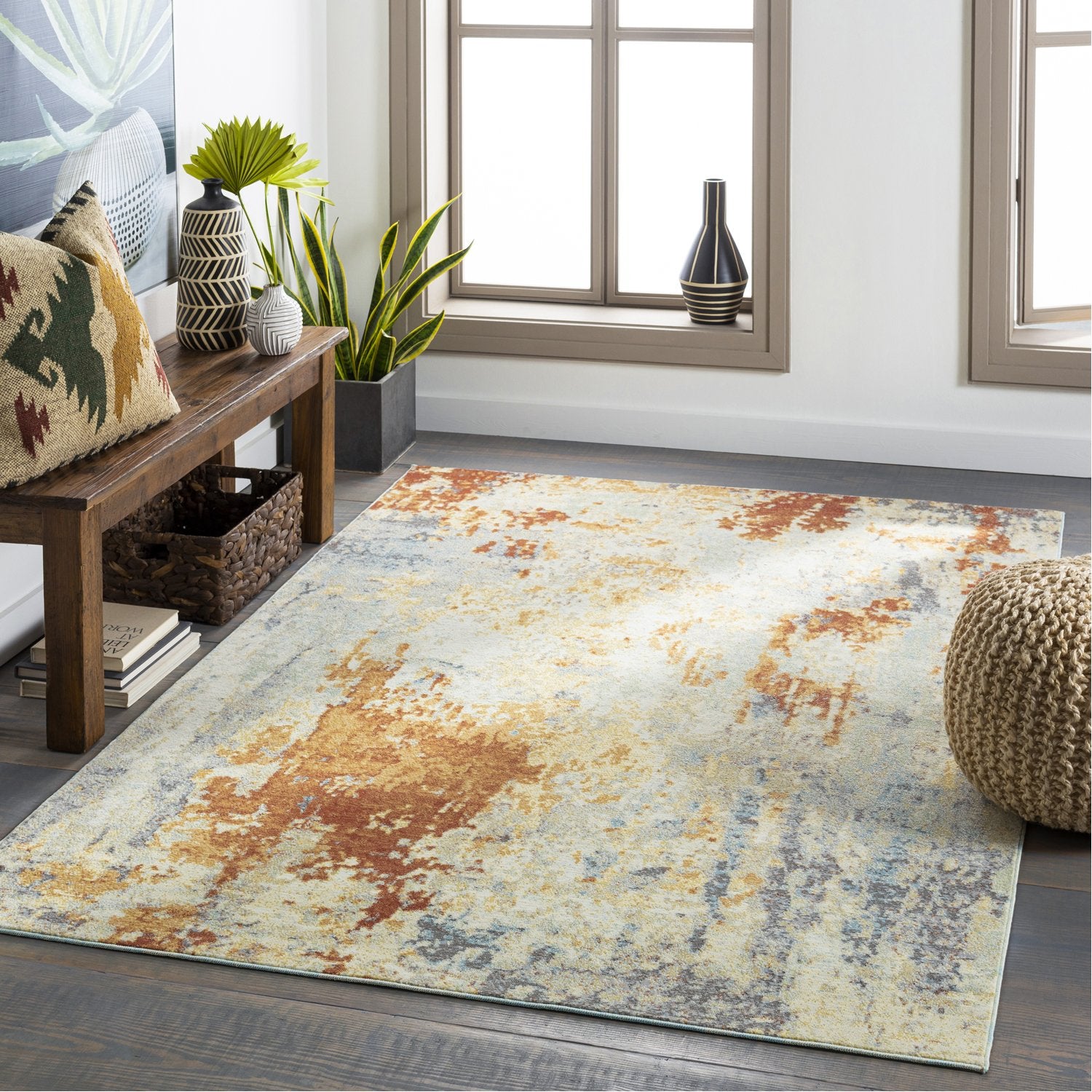 Bodrum Indoor/Outdoor Rug in Ivory, Burnt Orange, Saffron, Silver Gray, Medium Gray, Aqua, Camel, Pale Blue