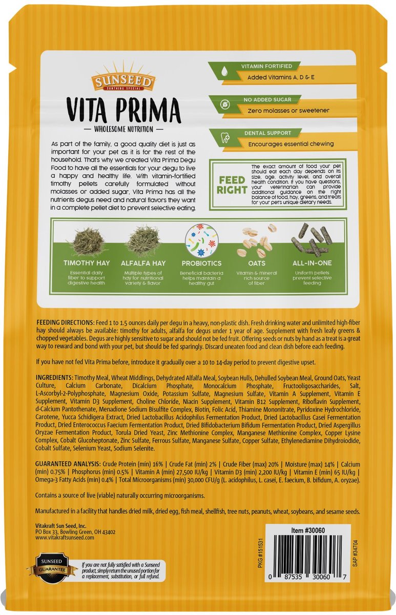 Sunseed Vita Prima Vitamin-Fortified Complete Nutrition Timothy Hay Pellets Degu Food， 1.75-lb bag