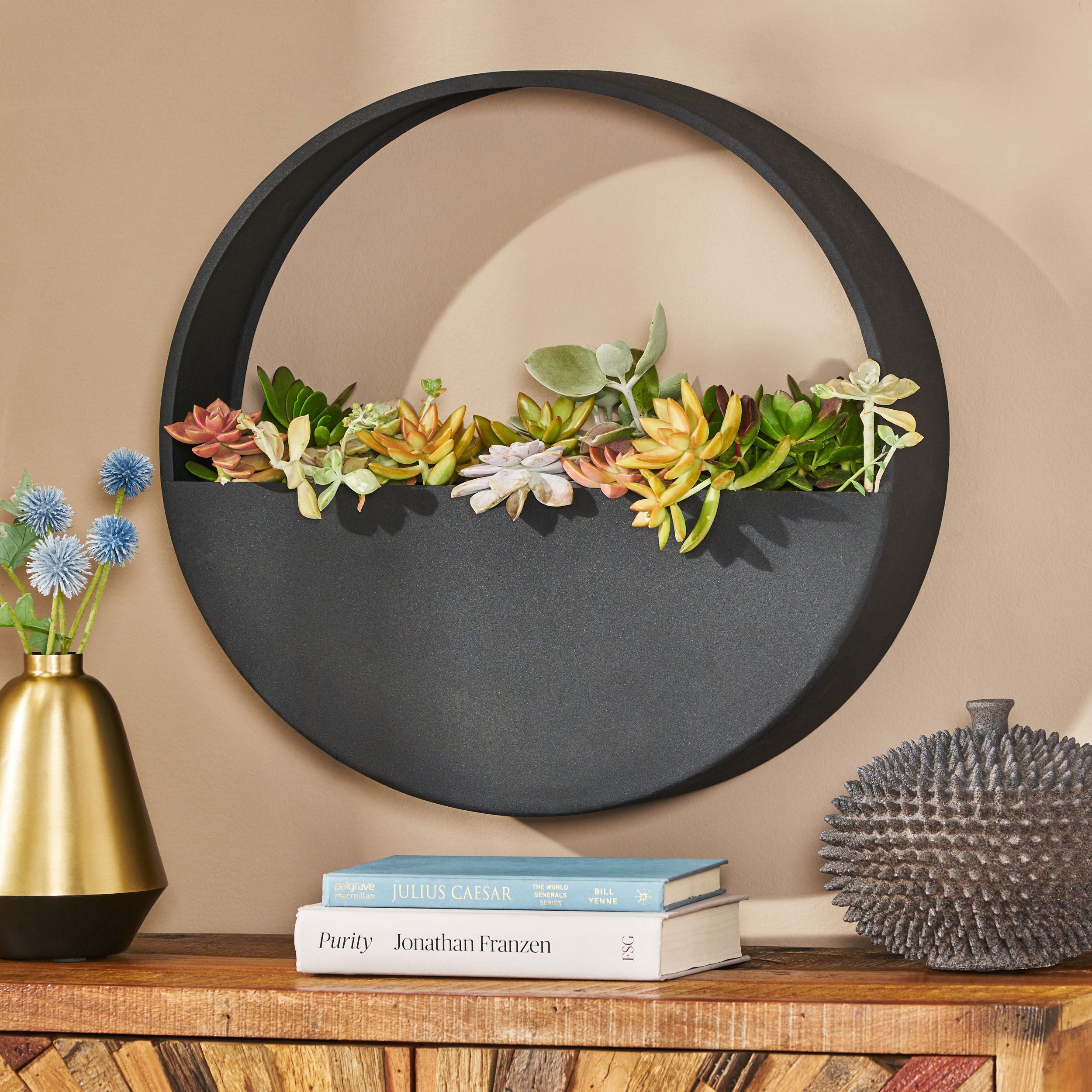 Beall Ware Modern Handcrafted Round Wall Planter, Black