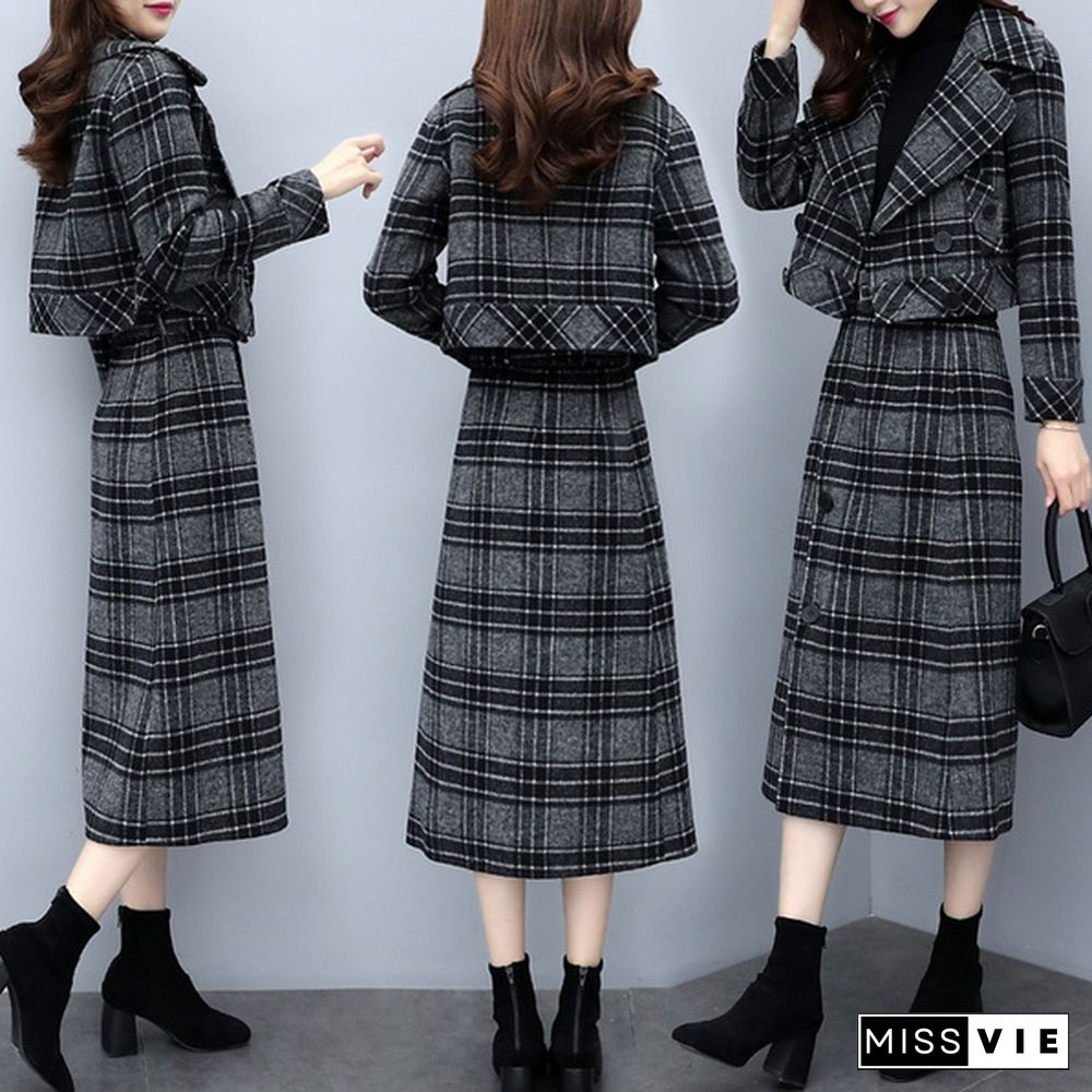 Xs-3Xl Two Piece Sets Short Blazer + Midi Skirt Ladies Work Long Skirt Suits Womens Grey Plaid Skirt Outfits Female Business Suits