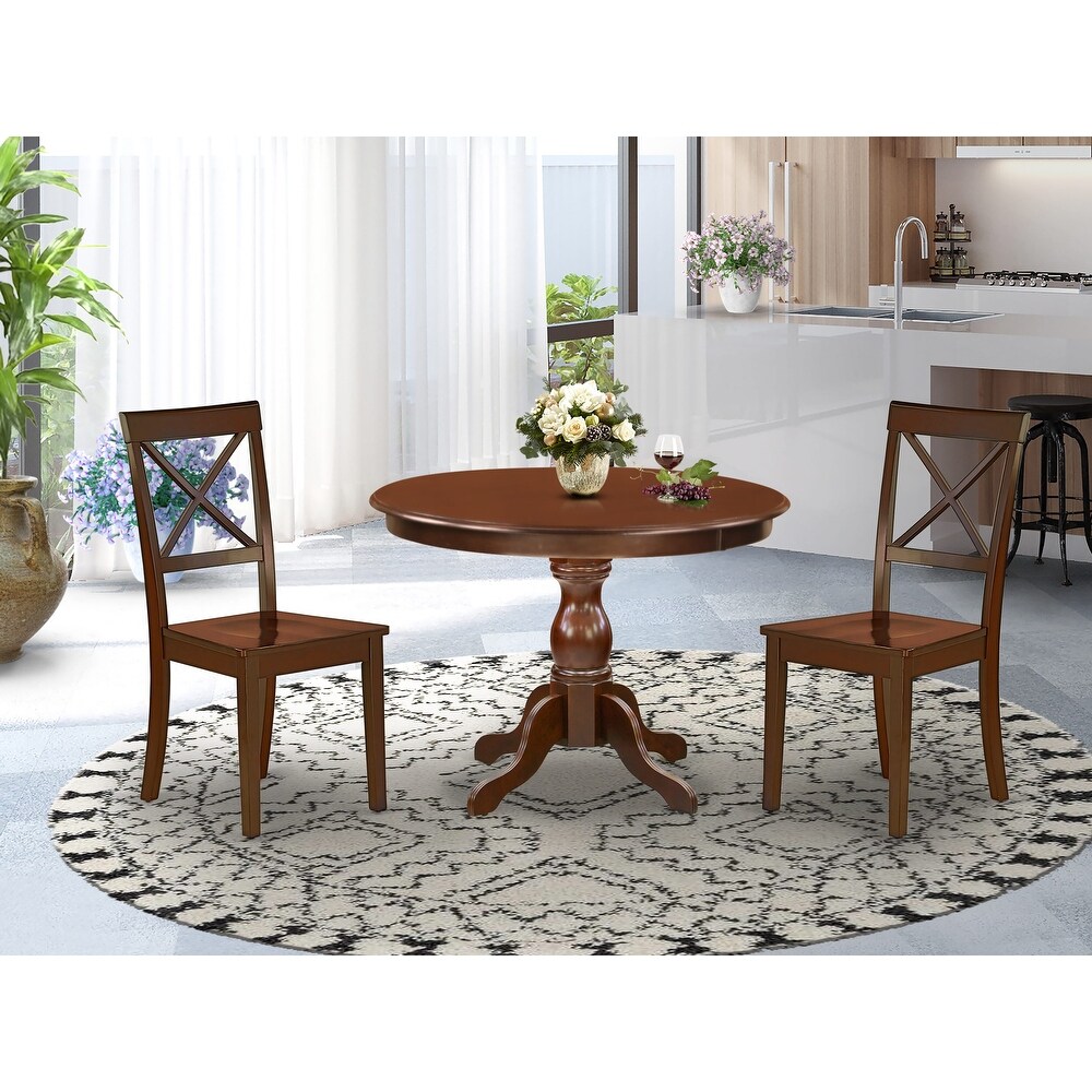 East West Furniture 3 Piece Dining Table Set  a Kitchen Table with Pedestal and 2 Dining Chairs(Finish   Seat Type Options)