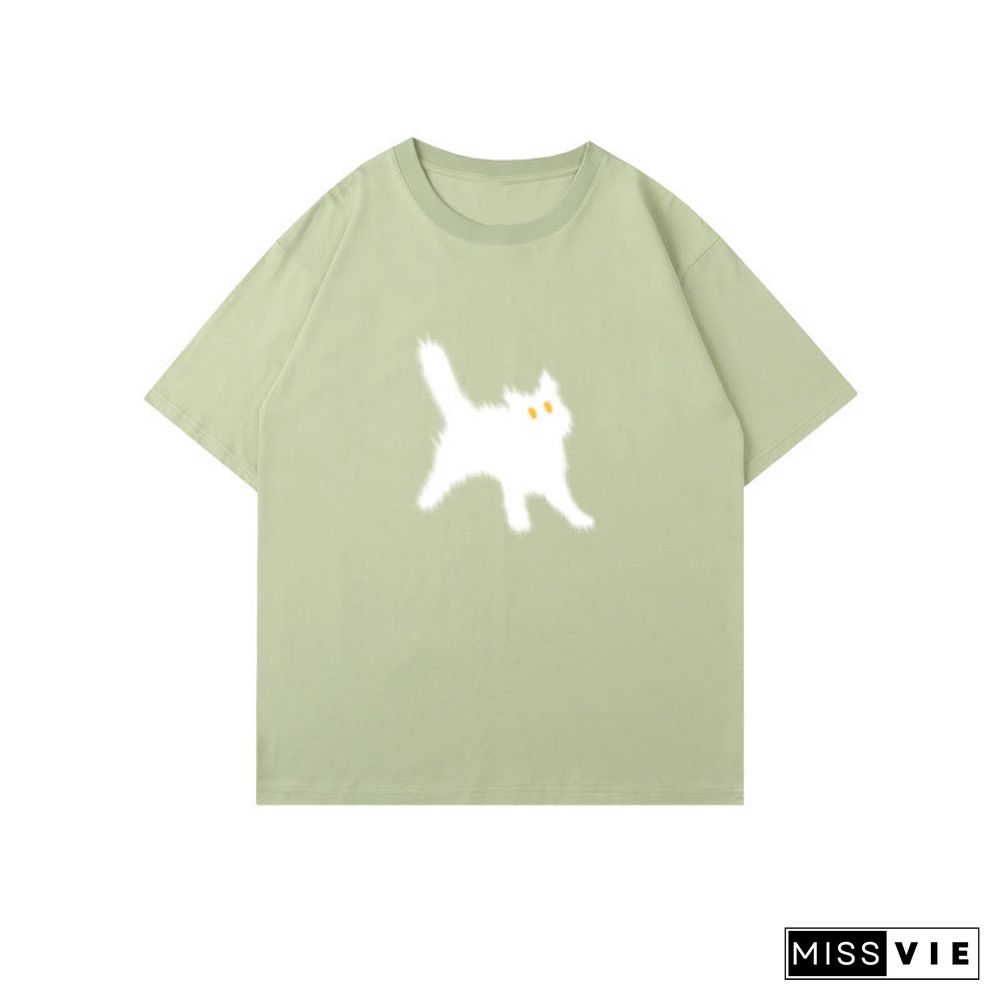 Cartoon Cat Print Round Collar Oversized T-Shirt