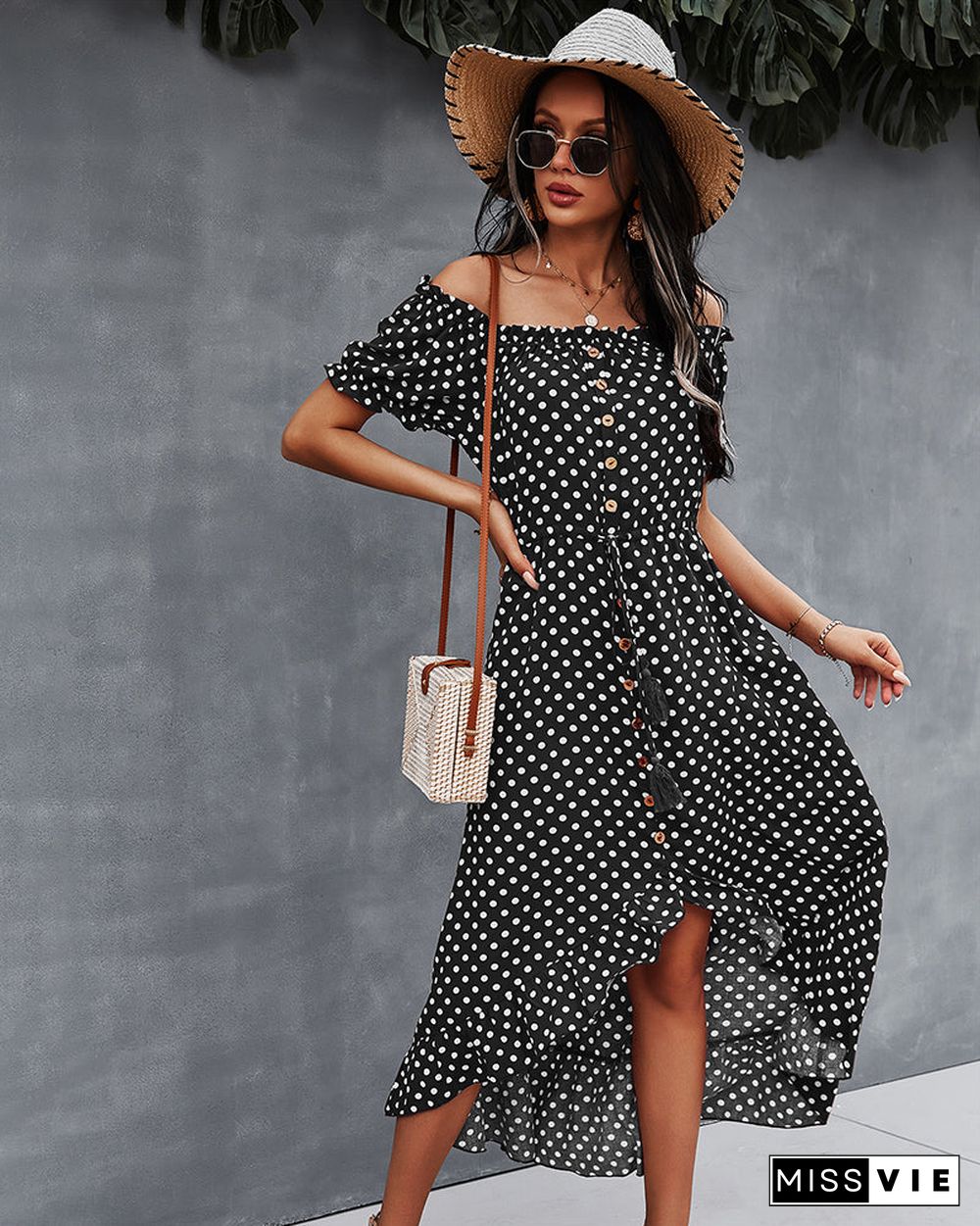 Off Shoulder Polka Dot Button Down Maxi Dress