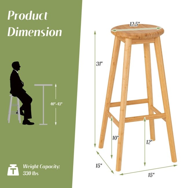 Set of 2 Bamboo Backless Pub Barstools with Round Seat and Footrest Natural   15\