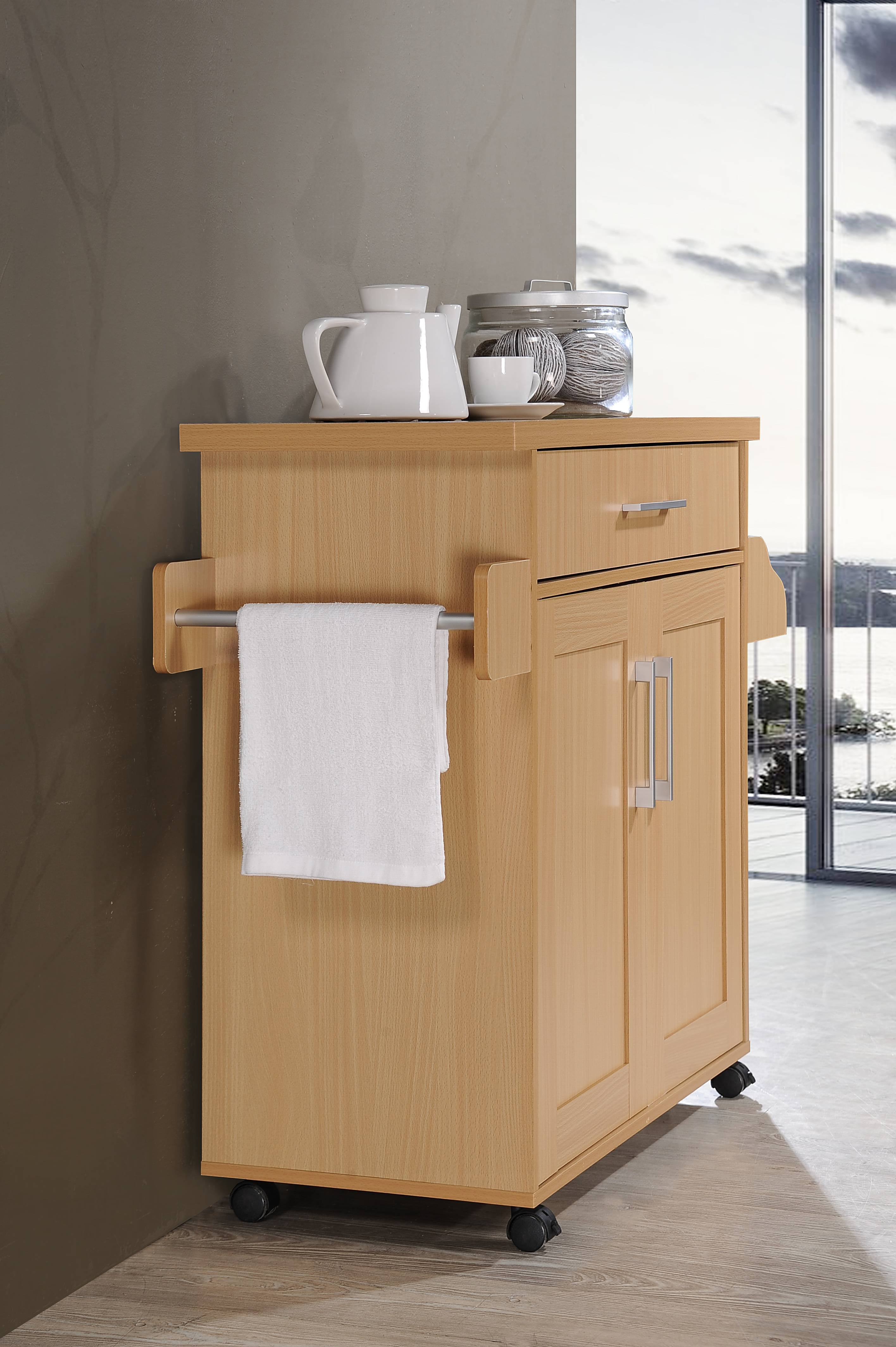 Hodedah Kitchen Cart with Spice Rack plus Towel Holder， Beech