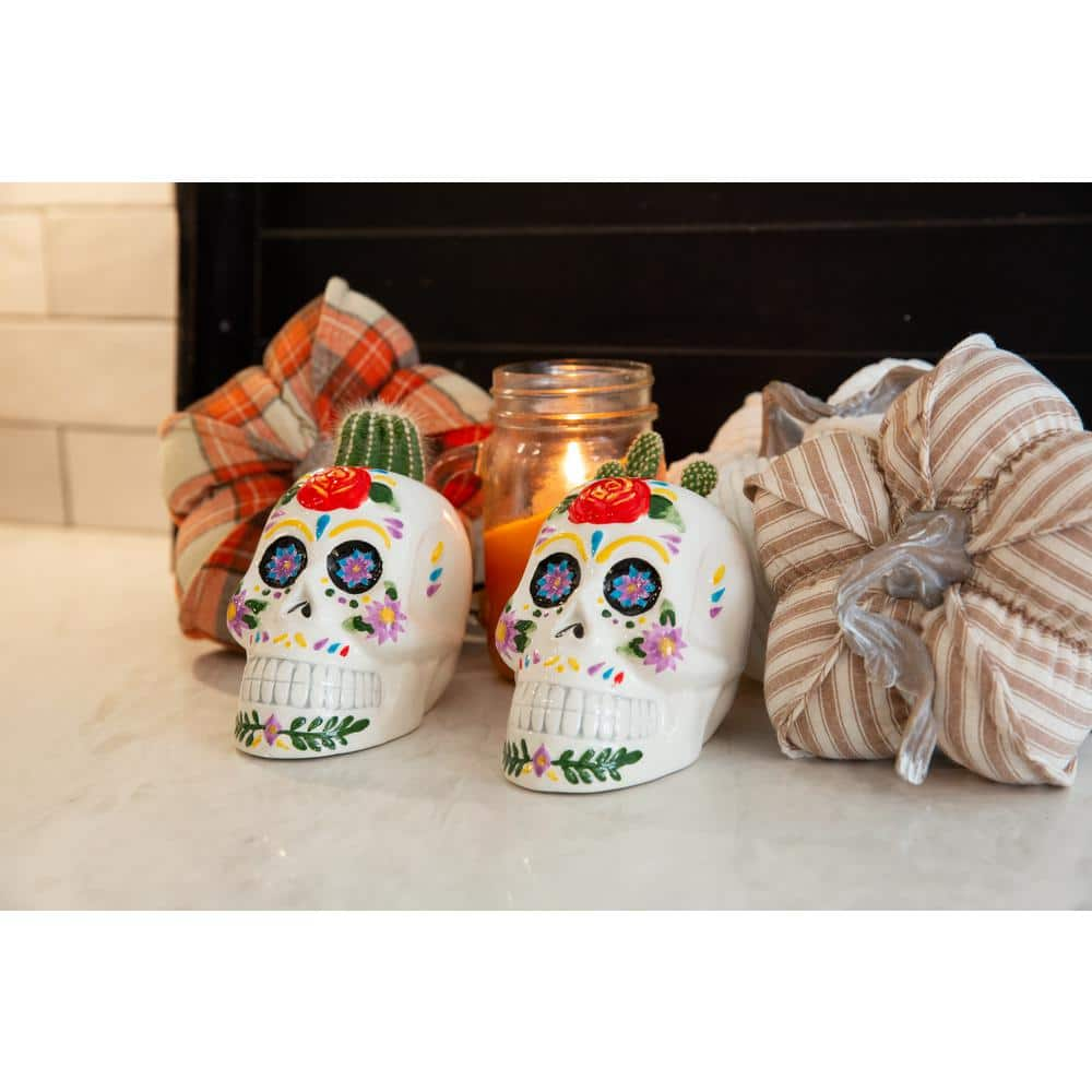 Flora Bunda 4 in. Day of the Dead Colorful Ceramic Skull Planters (Set of 2) CT1651E2