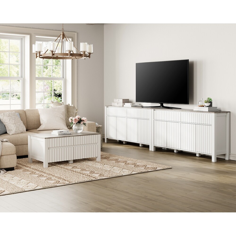 WAMPAT White Modern Coffee Table and 2 in 1 Large TV Stand   White Gray