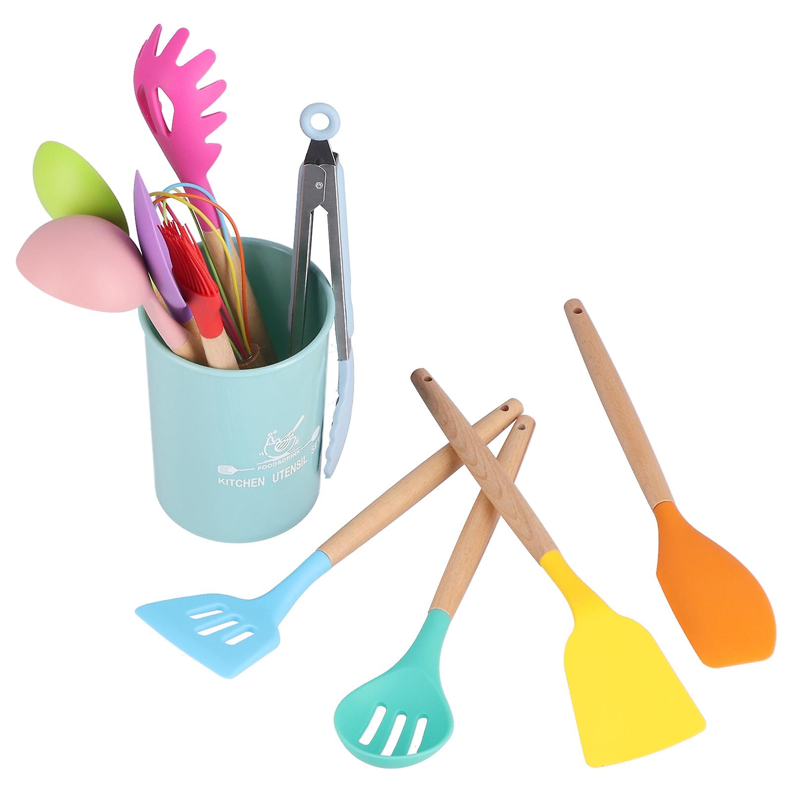 12pcs/set Colorful Silicone Kitchenware Set Non Stick Cookware Spatula Wooden Handle Cooking Utensils Set