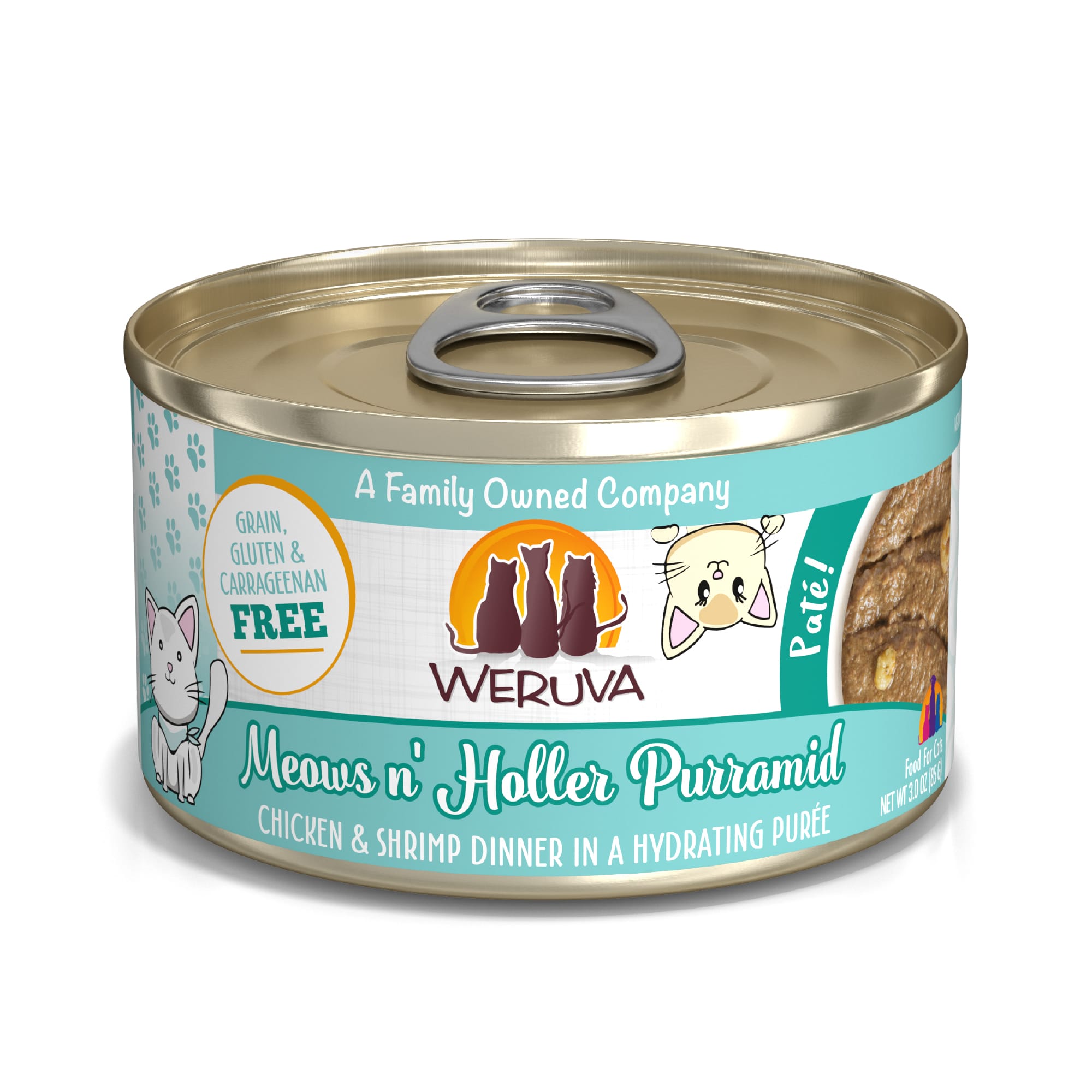 Weruva Pate Meows n' Holler Purramid Chicken  Shrimp Dinner in a Hydrating Puree Wet Cat Food， 3 oz.， Case of 12