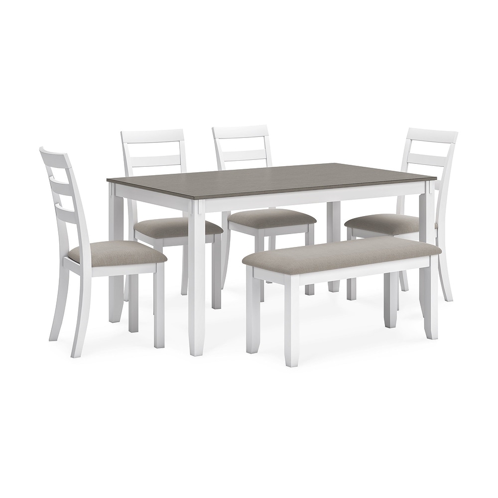 Signature Design by Ashley Stonehollow White and Gray Dining Table and Chairs with Bench (Set of 6)