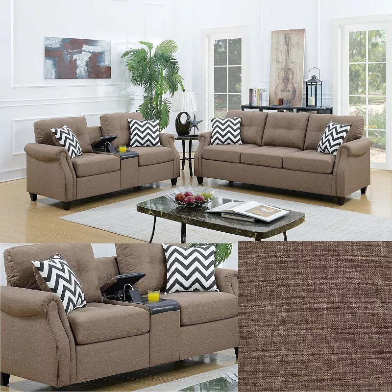 F.c Design 2pcs Sofa Set Living Room Furniture Polyfiber Sofa Loveseat With Console Pillows Couch