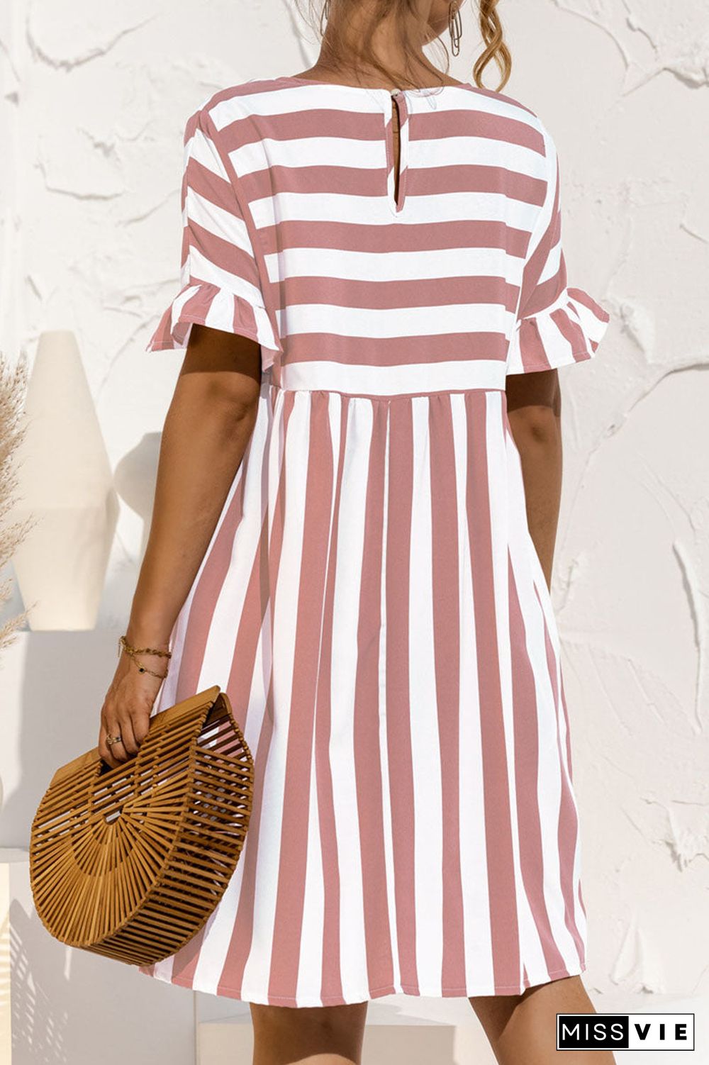 Fashion Casual Striped Split Joint O Neck A Line Dresses