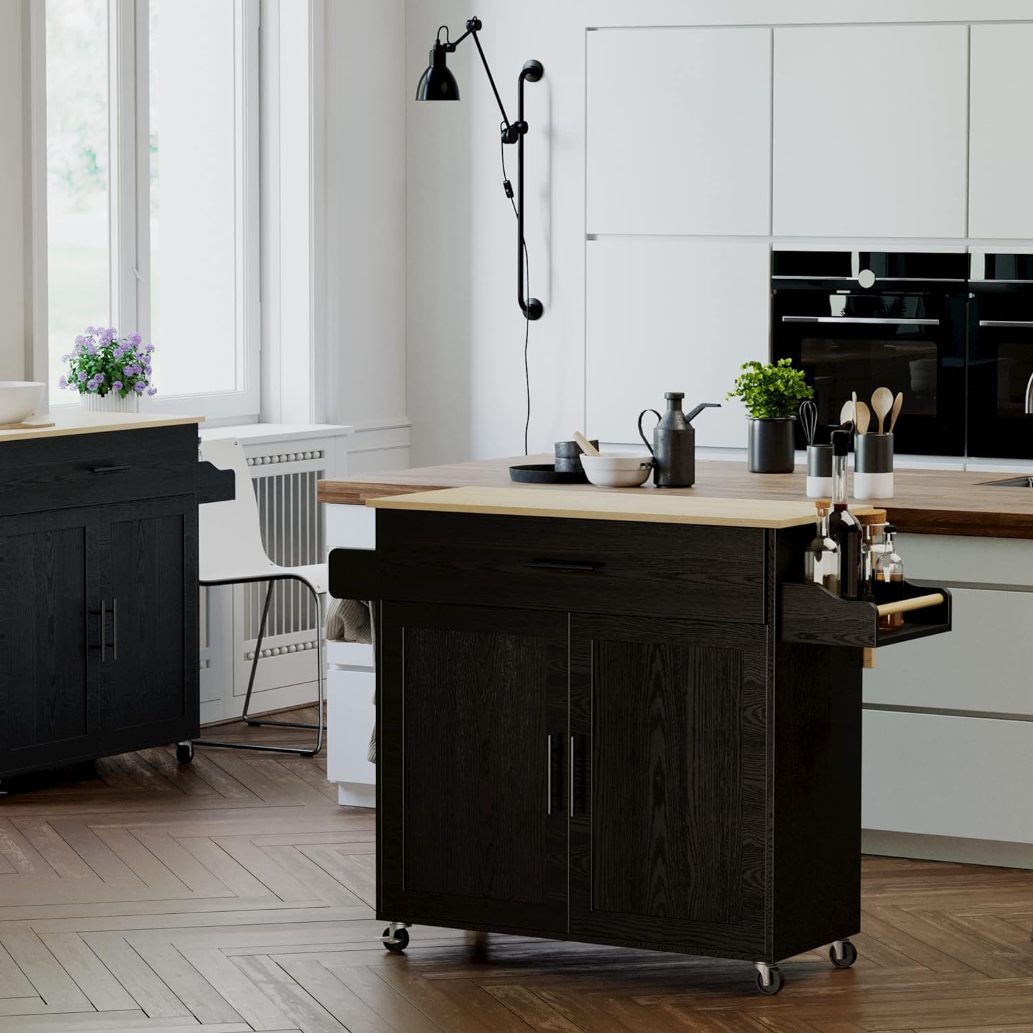 Rolling Kitchen Island Table on Wheels with Drop Leaf and Towel Rack