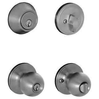 ESSENTIALS by Schlage Morrow Satin Stainless Steel Single Cylinder Deadbolt and Keyed Entry Door Knob Project Pack VCT60 V MOW 630