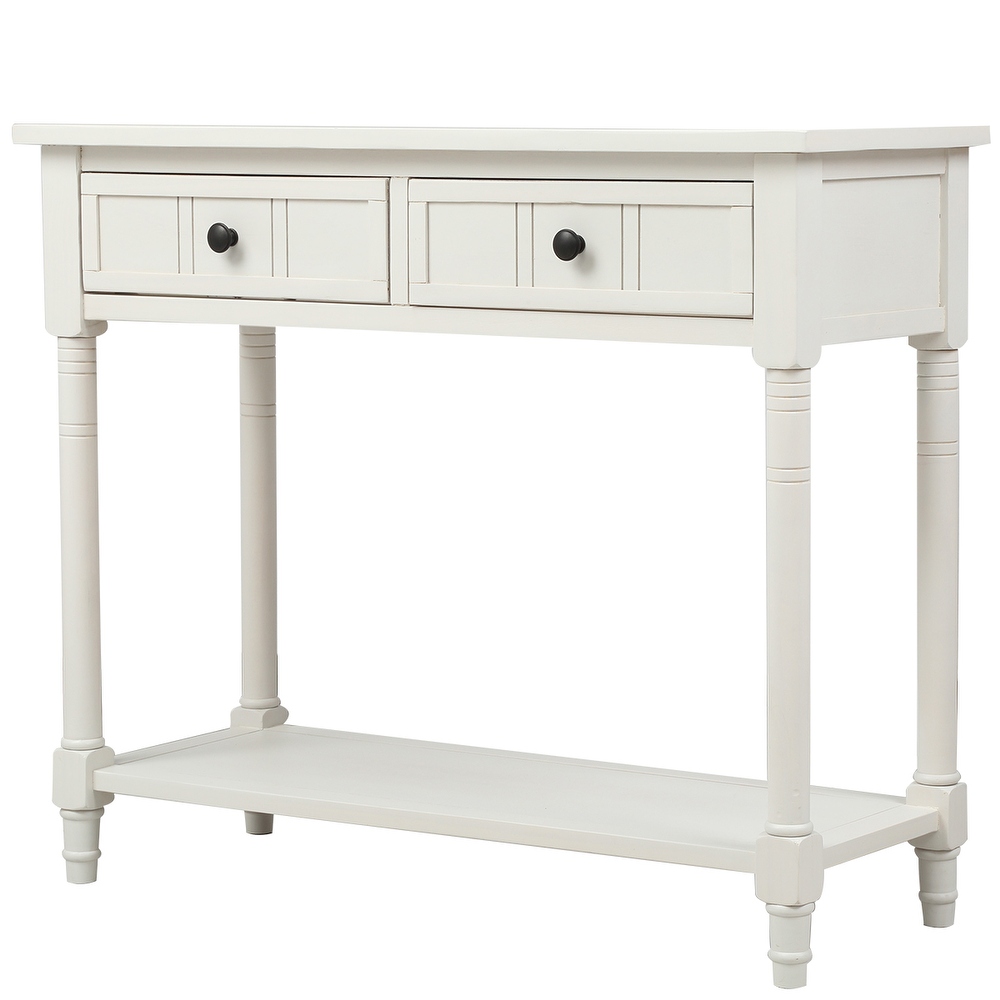 Solid Pine Wood Console Table with 2 Large Drawers  Bottom Storage Shelf and Round Knobs for Living Room