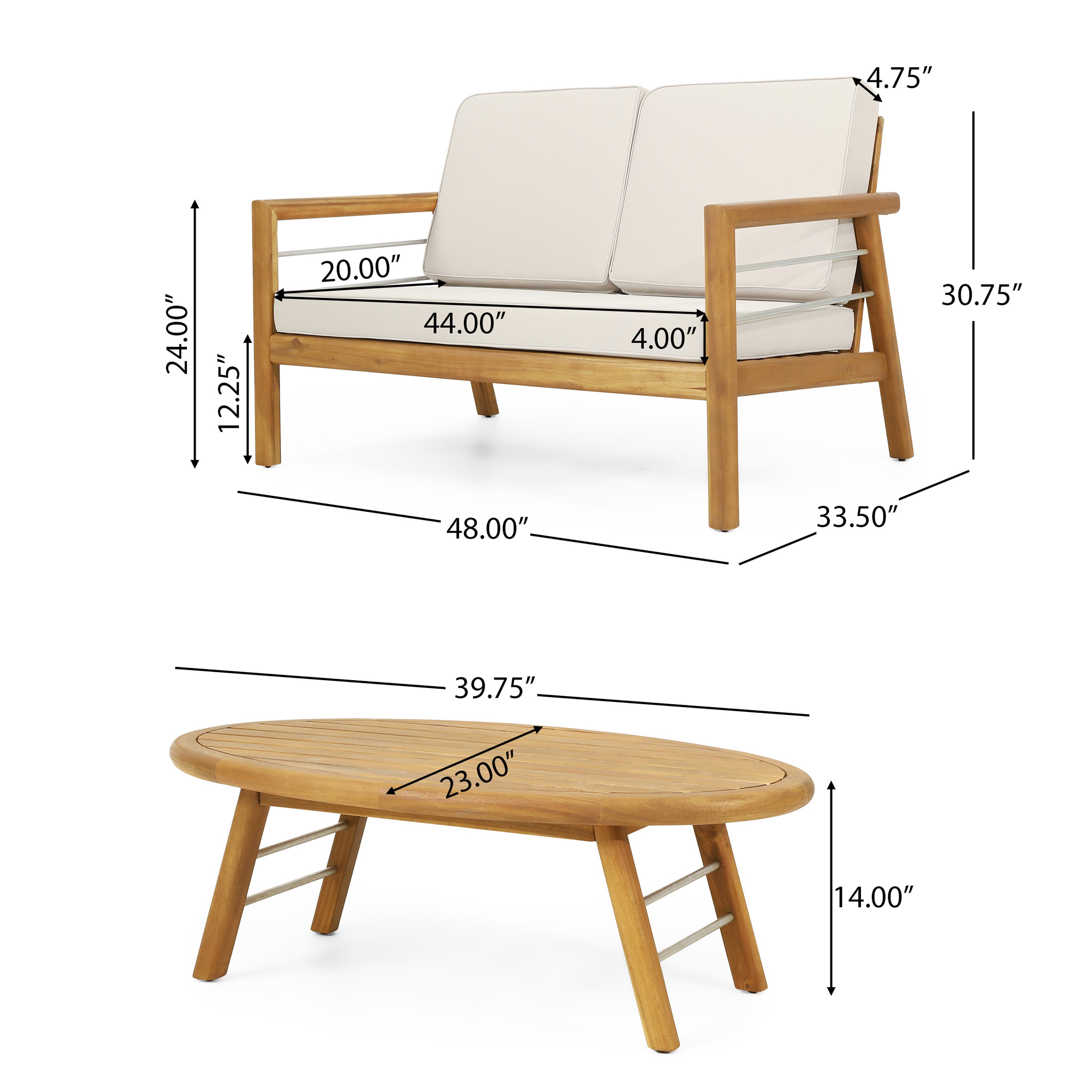 Lindsey Outdoor Acacia Wood Loveseat and Coffee Table Set with Cushions, Teak, Silver, and Beige