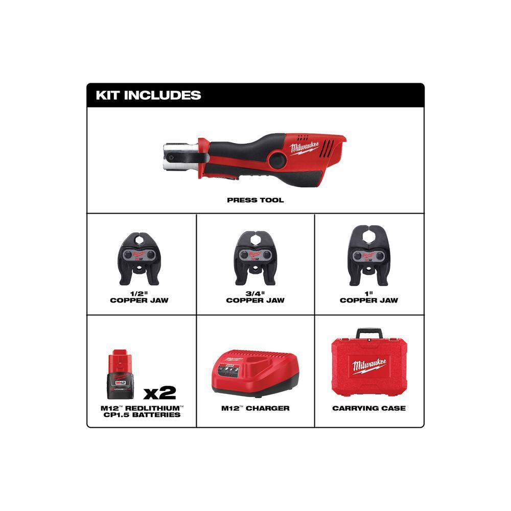 MW M12 12-Volt Lithium-Ion Force Logic Cordless Press Tool Kit with 12 in. to 1 in. Iron Pipe Jaws (6-Jaws Included) 2473-22-49-16-2496