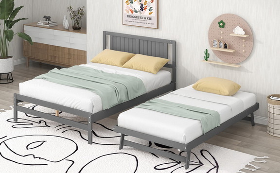 Full Size Platform Bed with Adjustable Trundle  Gr...